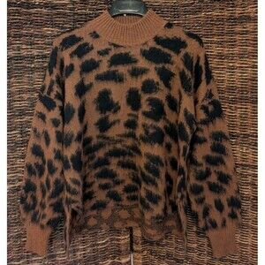 Hugo Boss Fellyna Alpaca Leopard Print Jacquard Mock Neck Sweater XXL Italy Boho